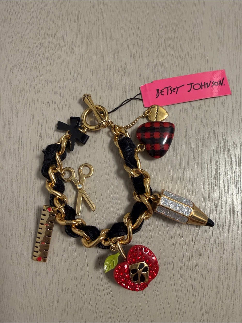 Betsey Johnson Back to School Teacher Charm Bracelet NWT Gold Black Apple Pencil